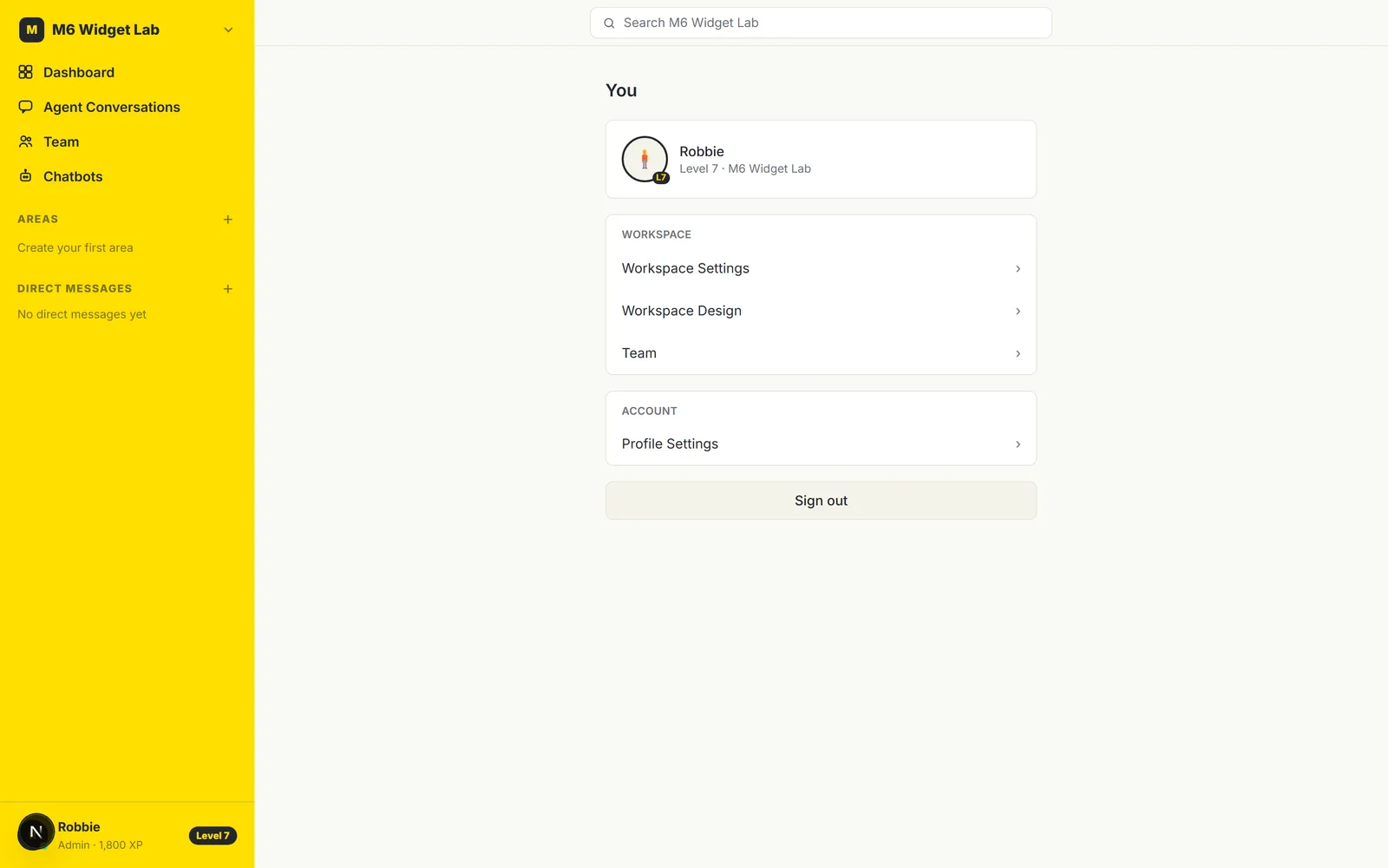 The profile page with XP, level and robot character in My AI Chatbot